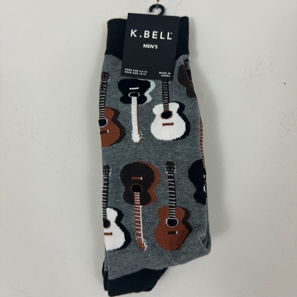 K. Bell Crew Socks Charcoal Heather Gray Guitar Print Cotton Unisex Adults 10-13